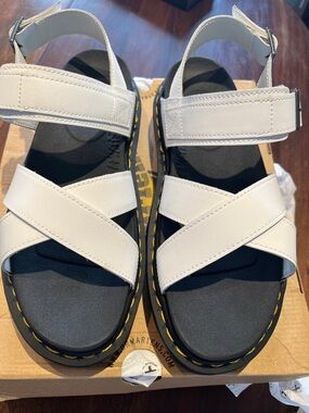 Dr. Martens White Cross-Strap Women’s Sandals with Yellow Stitching